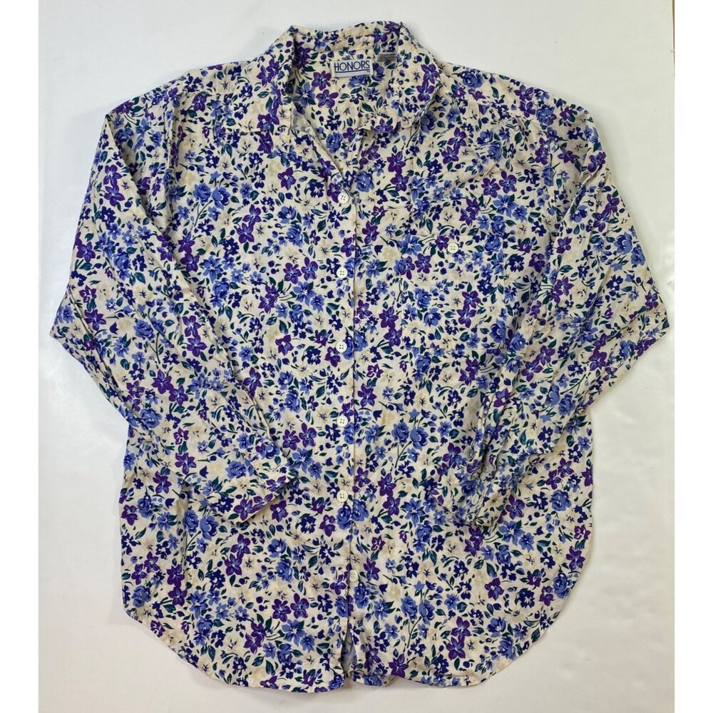 Honors Womens Cream Blue Floral Long Sleeve Button Front Blouse Top Size Large